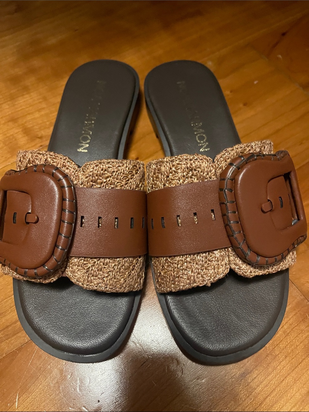 Woven Brown Slide Sandals with Leather Buckle Detail